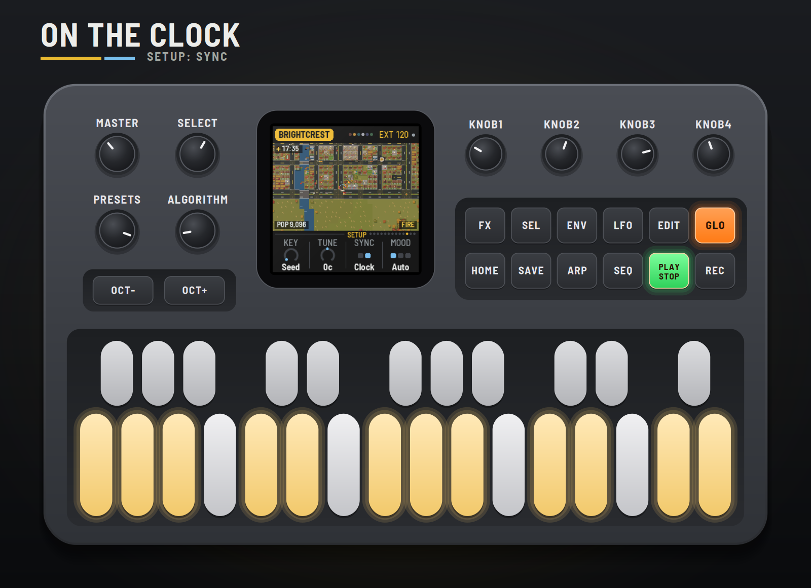 The FM-1 on MIDI clock: EXT and the tempo in the header, the Setup page with Sync on Clock.
