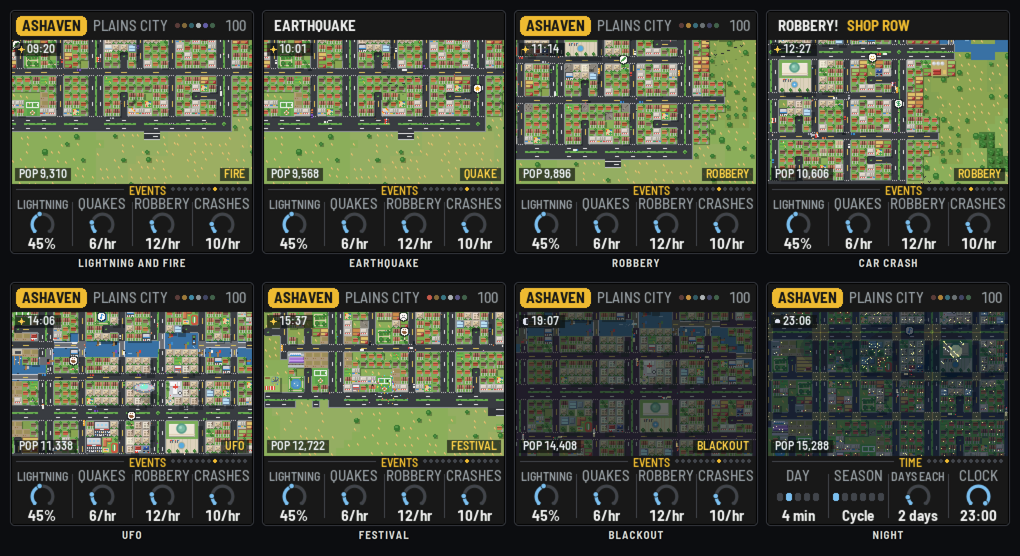 Eight CTY-1 screens: lightning and fire, an earthquake, a robbery, a car crash, a UFO, a festival, a blackout, the night.