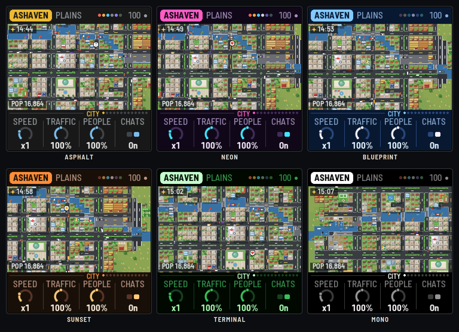 Six CTY-1 screens in its themes: Asphalt, Neon, Blueprint, Sunset, Terminal, Mono.
