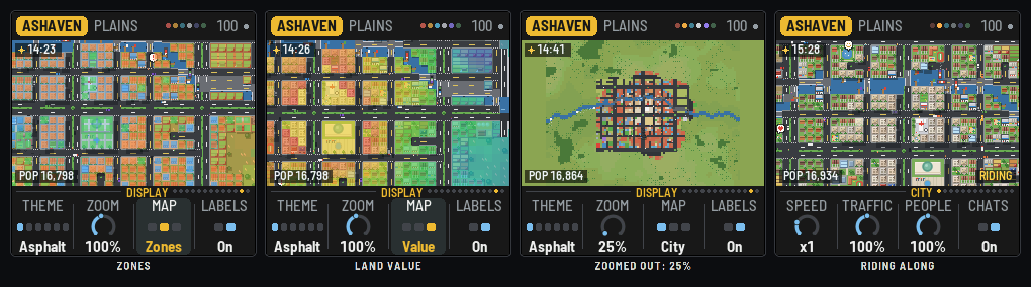 Four CTY-1 screens: the zones, the land value, the whole city, riding along with a car.