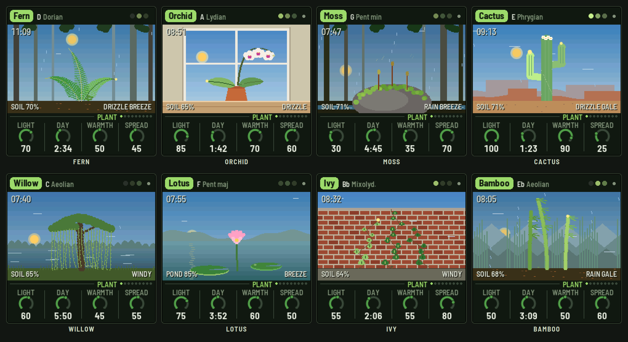 Eight ECO-1 screens: a fern on a forest floor, an orchid on a windowsill, moss on a boulder by a stream, a saguaro in the desert, a willow by a lake, a lotus in a pond, ivy on a brick wall, bamboo under misty mountains.