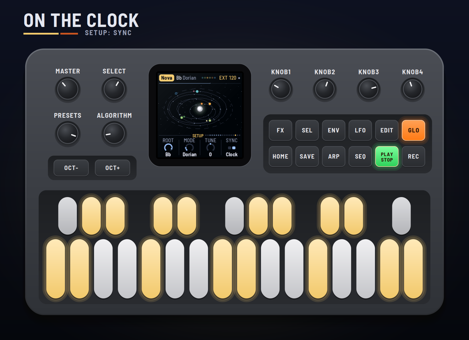 The FM-1 on MIDI clock: EXT and the tempo in the header, the Setup page with Sync on Clock.