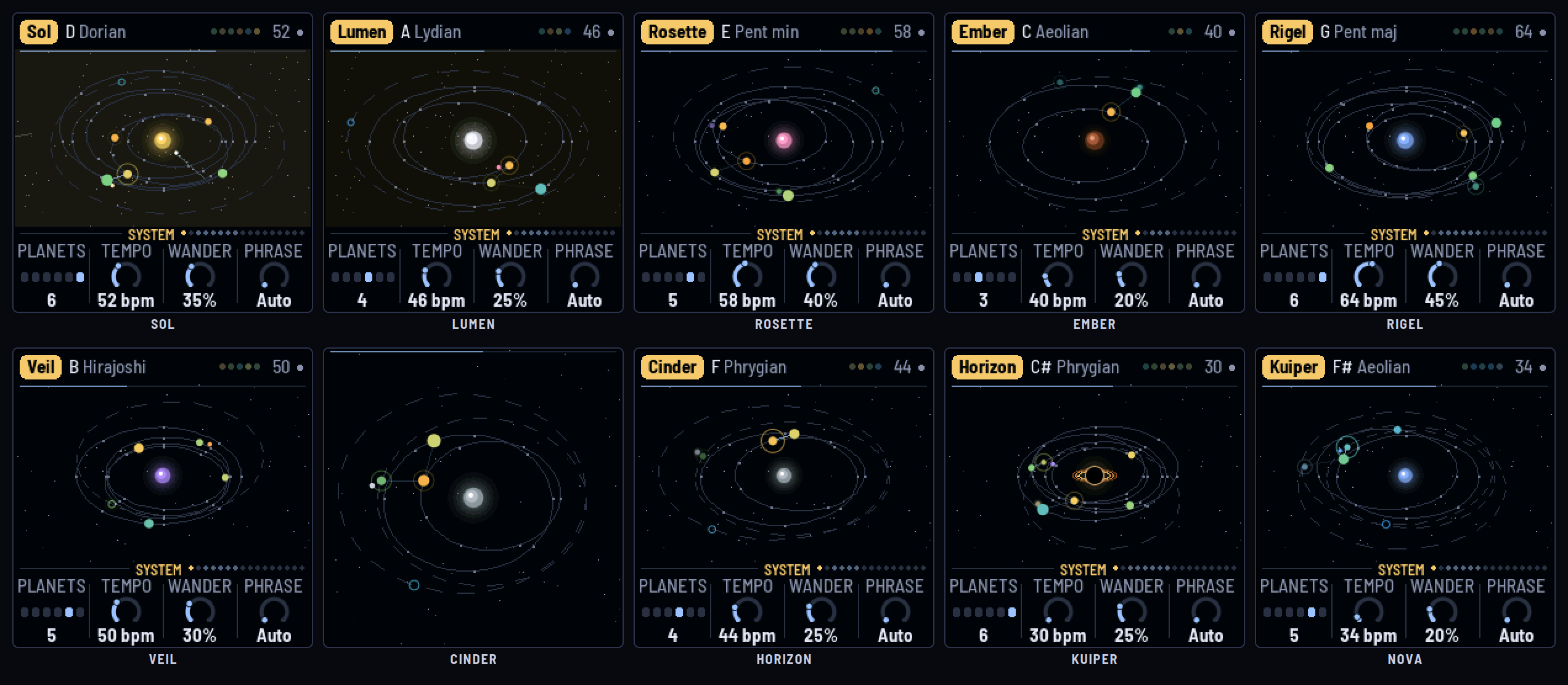 Ten GRAV-1 screens: Sol, Lumen, Rosette, Ember, Rigel, Veil, Cinder, Horizon, Kuiper and Nova, each its own star and planets.
