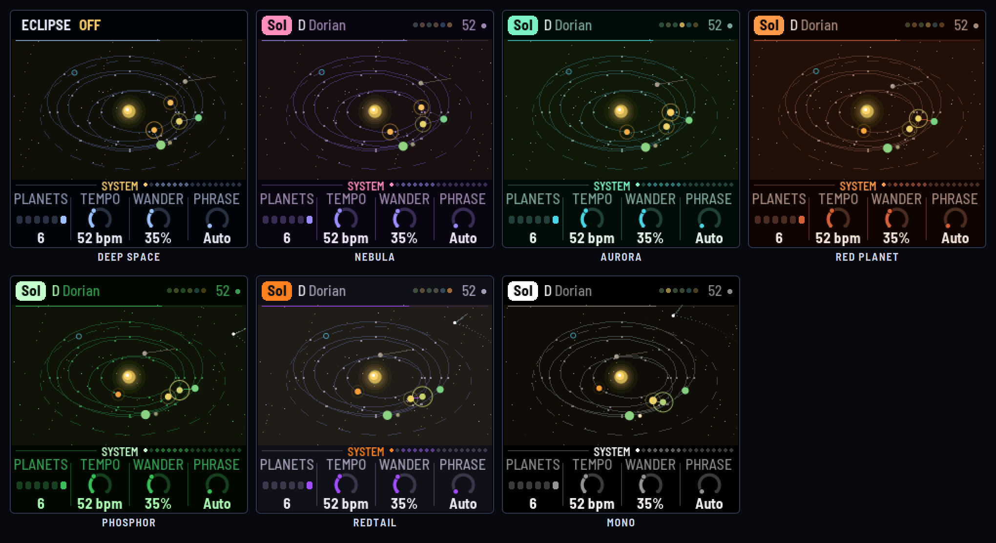 Seven GRAV-1 screens in its themes: Deep space, Nebula, Aurora, Red planet, Phosphor, Redtail, Mono.