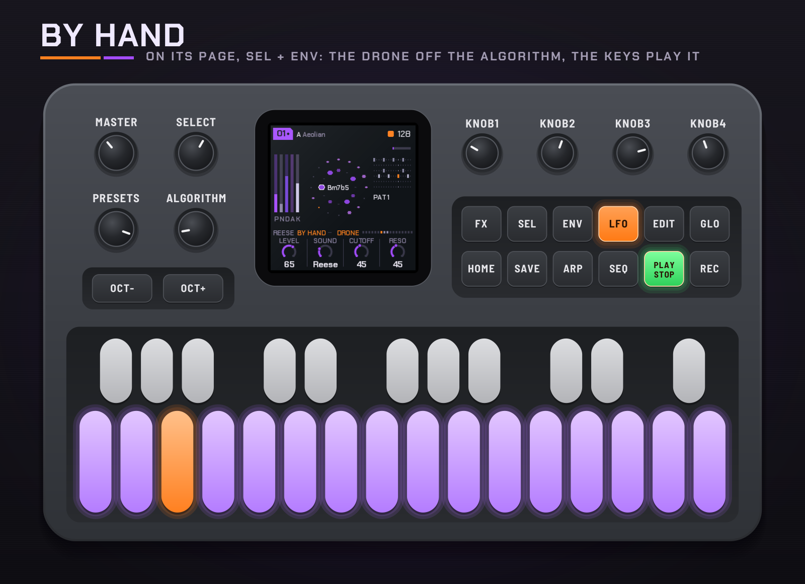 The FM-1 on the Drone page, the drone off the algorithm, a white key held, playing it.