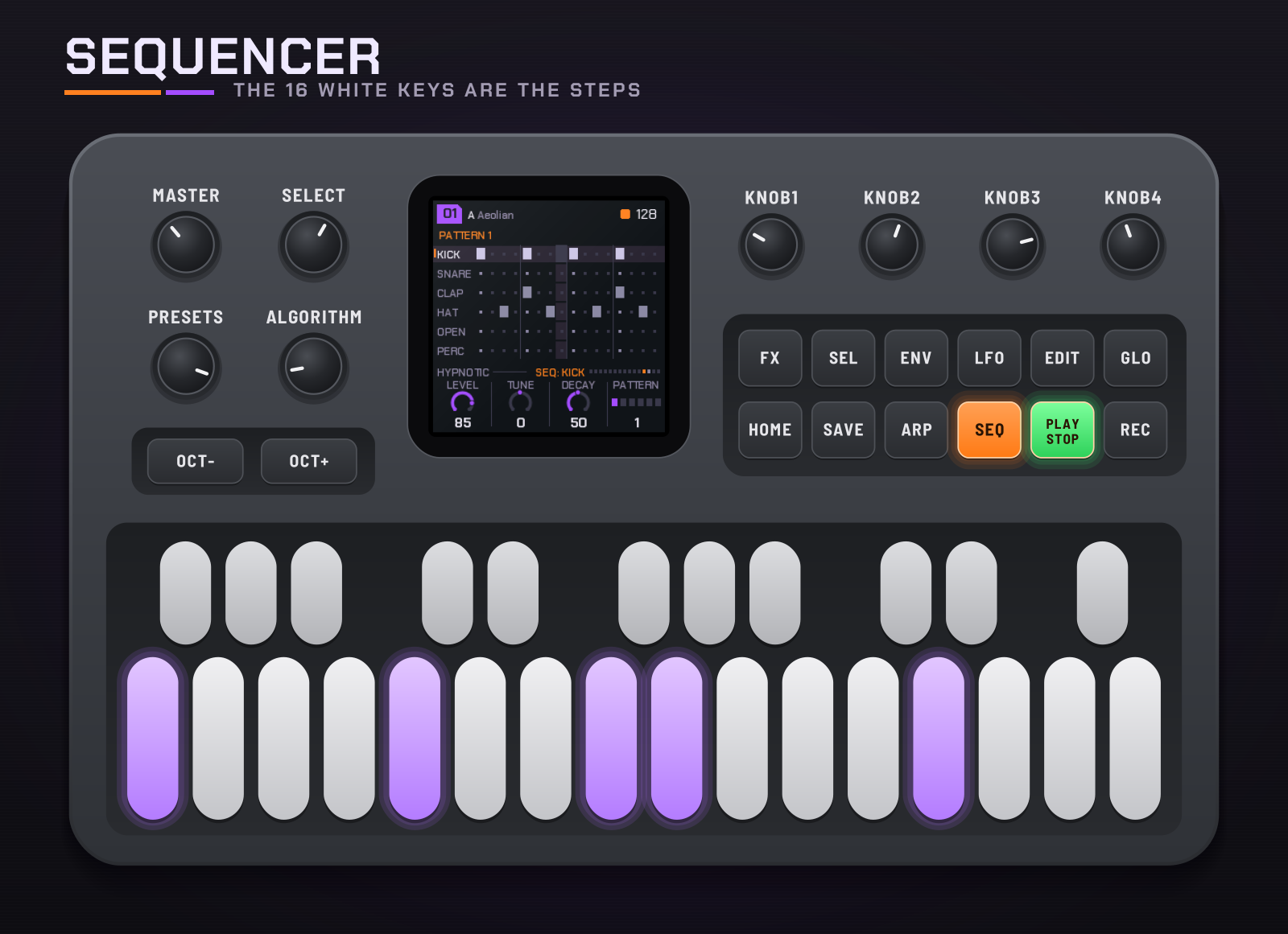 The FM-1 in the sequencer: the kick's hits lit on the white keys.