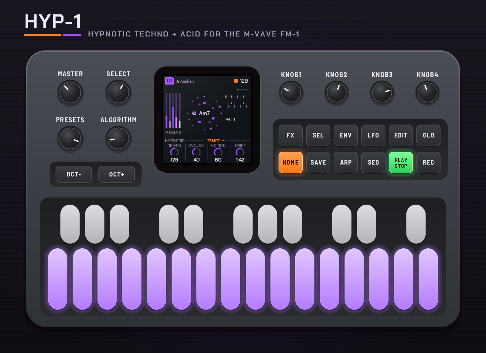 An M-VAVE FM-1 running HYP-1: the screen shows piece 01 in A Aeolian at 128 BPM, the chord Am7, the drum pattern and the Tempo page; the sixteen white keys glow purple with the scale.