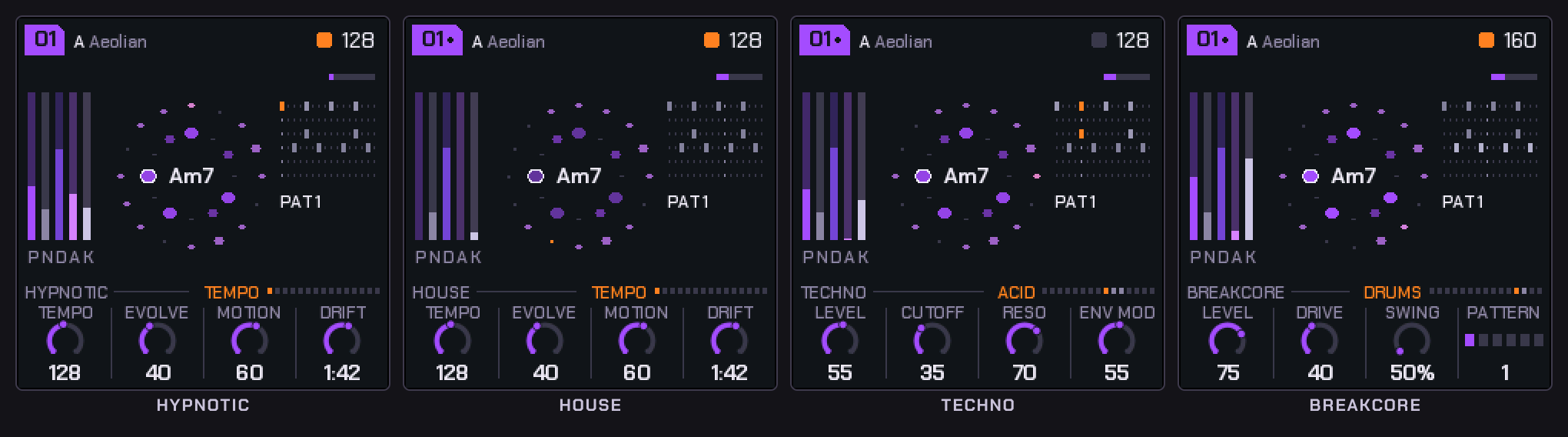Four HYP-1 screens: Hypnotic, House, Techno and Breakcore, each named at the left of the line above the knobs.