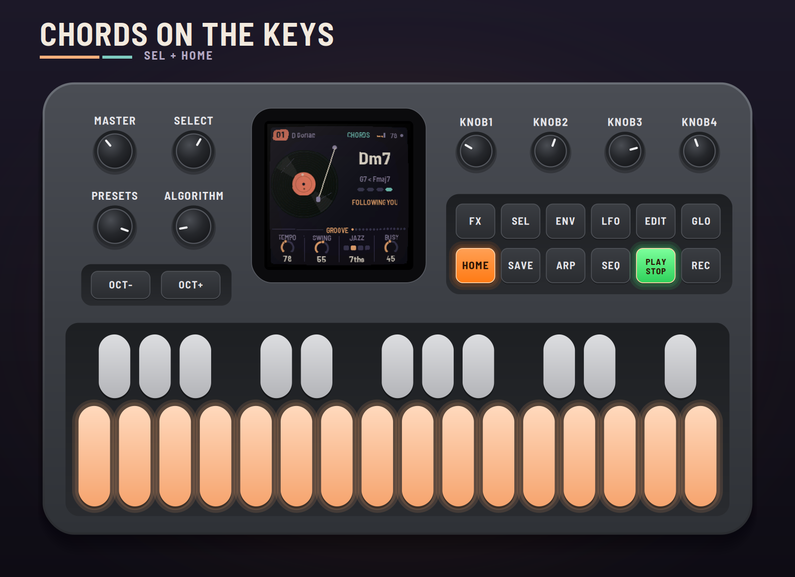 The FM-1 in Chords mode: each key plays a chord of the scale.