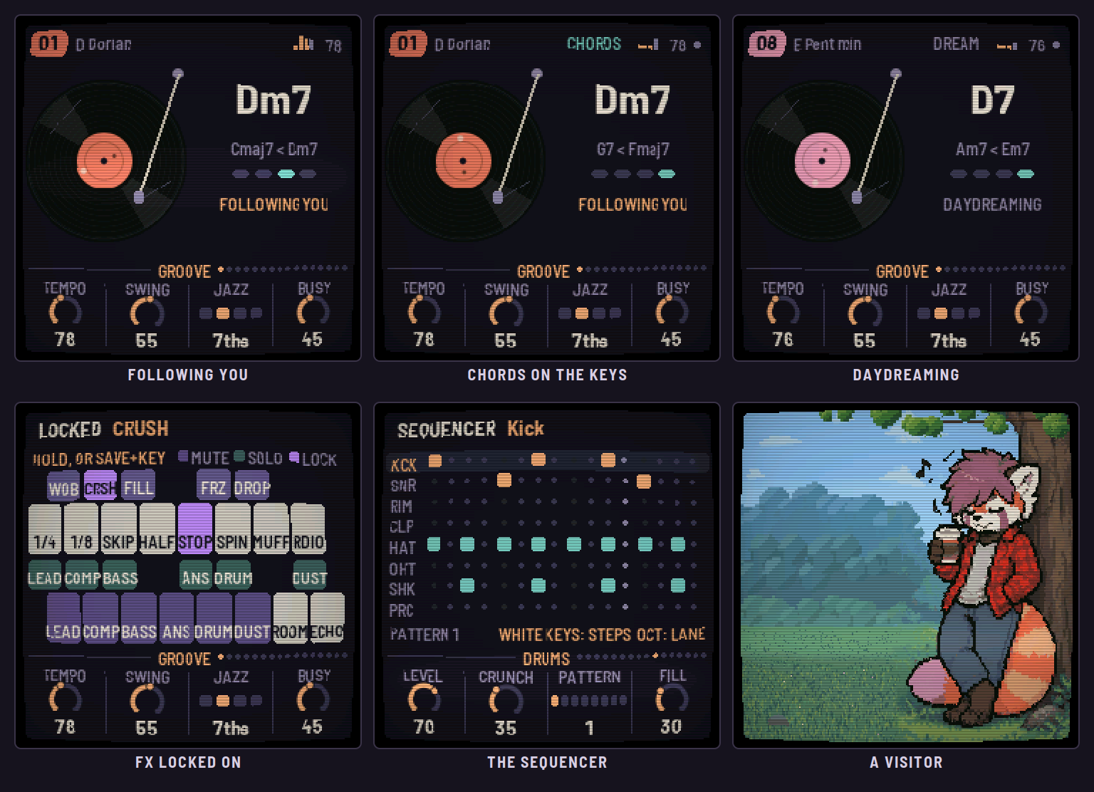 Six LOF-1 screens: following you, chords on the keys, daydreaming, effects locked on, the sequencer, a visitor.