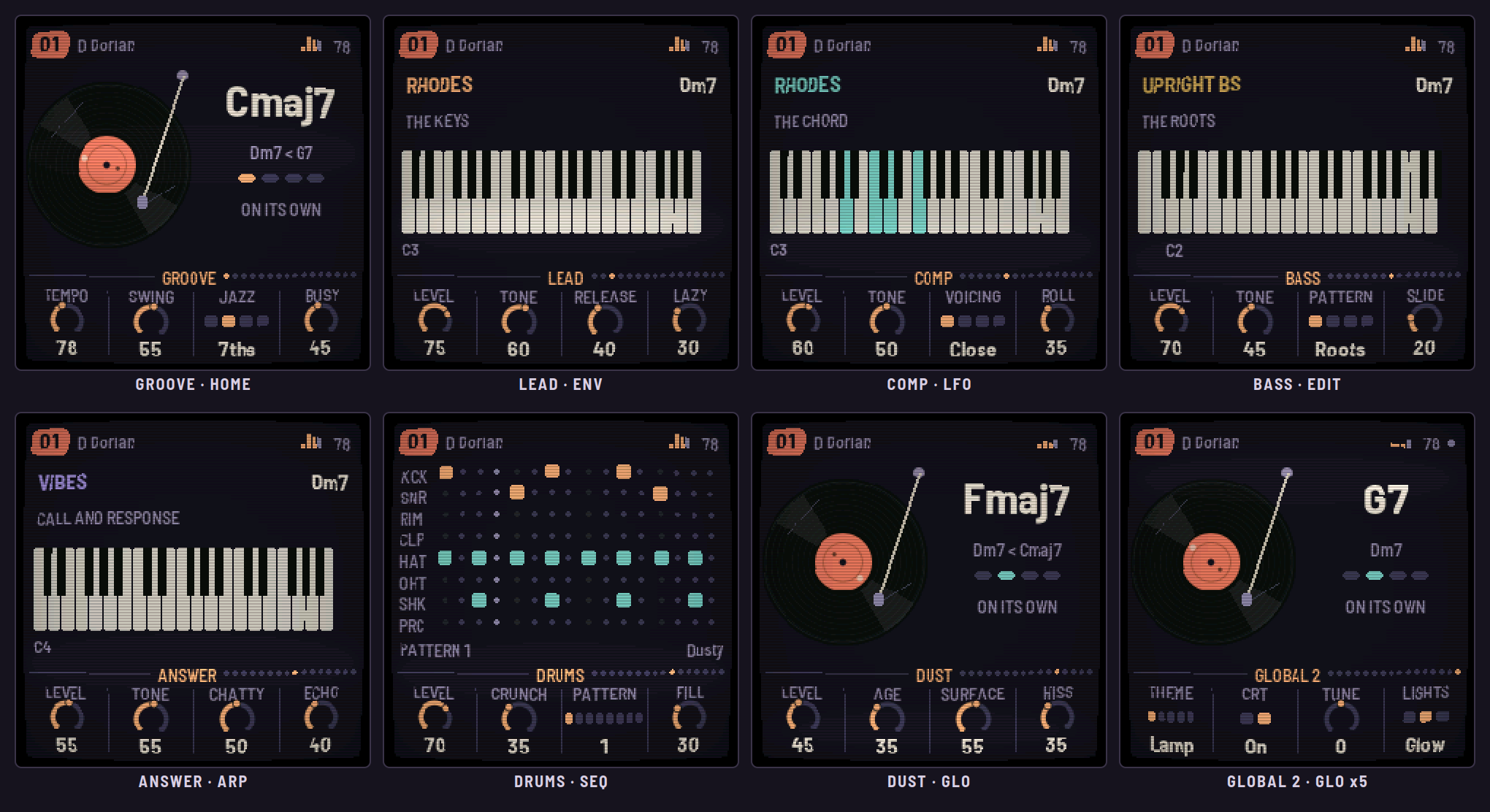 Eight LOF-1 screens: Groove, Lead, Comp, Bass, Answer, Drums, Dust and Global.