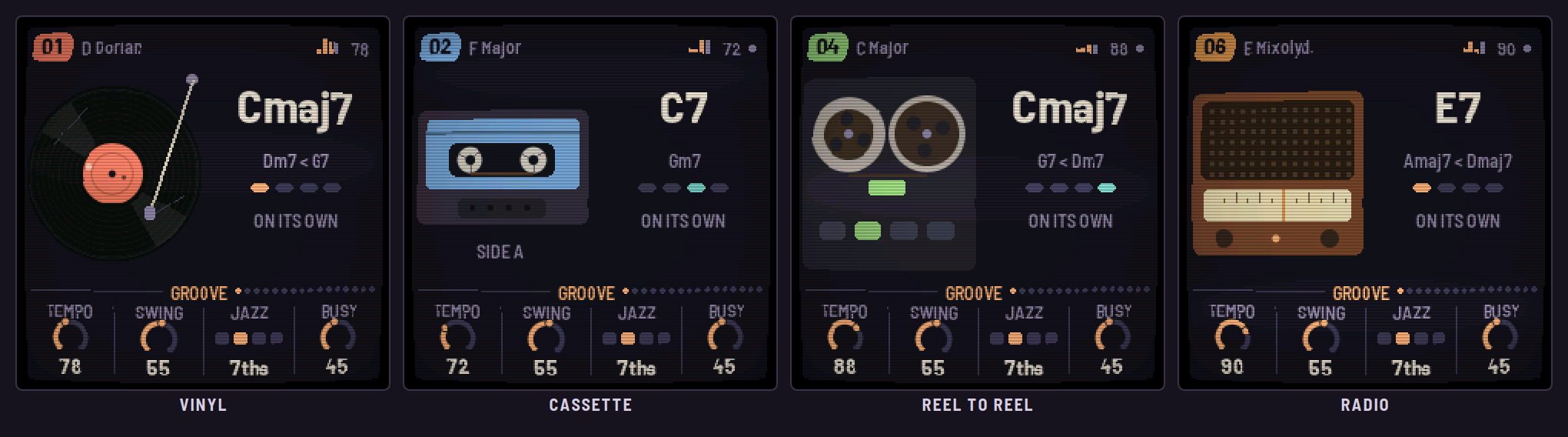 LOF-1 playing from vinyl, a cassette, reel to reel and an old radio.