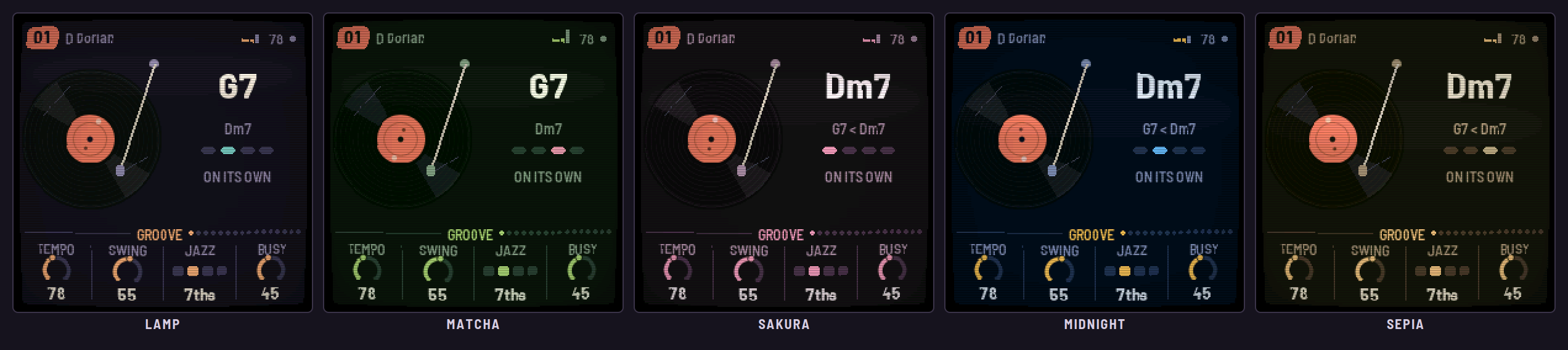 LOF-1's Groove page in five colour themes: Lamp, Matcha, Sakura, Midnight and Sepia.