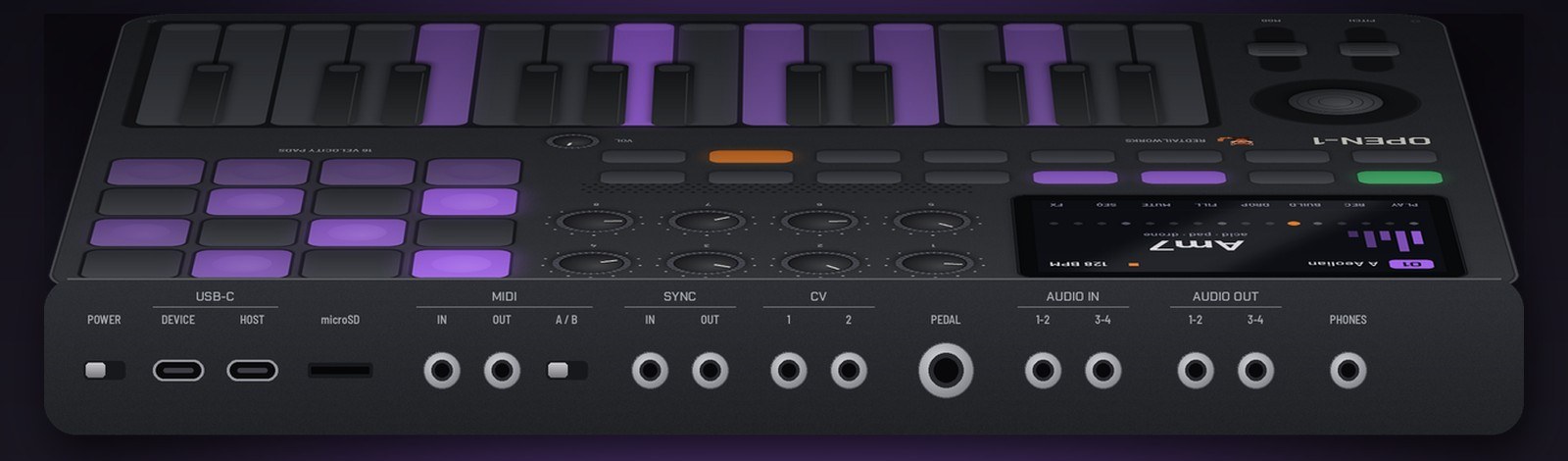 The OPEN-1 port side: power, USB-C device and host, microSD, MIDI in and out with an A/B switch, sync in and out, CV 1 and 2, a pedal jack, audio in 1–2 and 3–4, audio out 1–2 and 3–4, and phones