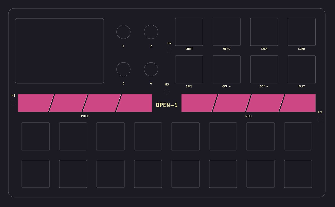 The faceplate PCB layout: a window for the screen, holes for four knobs, cutouts for eight menu keys and sixteen pads, and two touch strips of four slanted copper segments labelled PITCH and MOD.