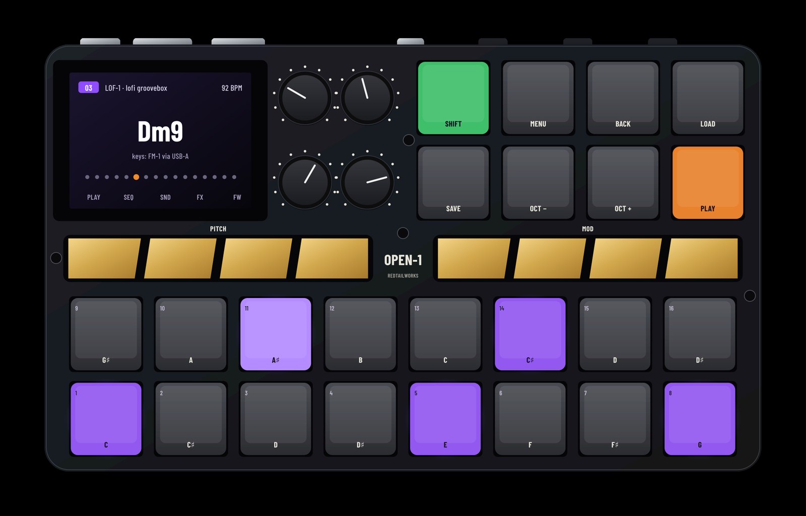 The OPEN-1 v0.4 beta design: screen and four knobs top left, eight menu keys top right, two touch strips across the middle and sixteen RGB pads below
